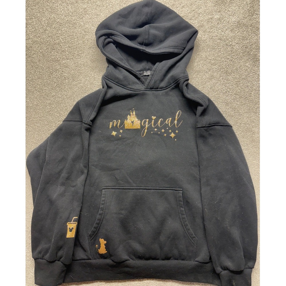 Trendy Queen Magical Gold Glitter Castle Hoodie Black Fleece Sweatshirt Large